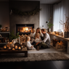Happy family by a fireplace, enjoying warmth and togetherness.